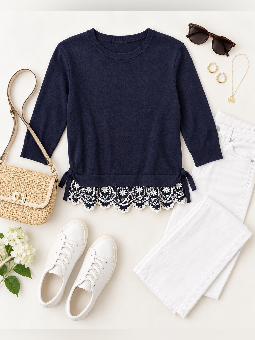 Kate Spade Broome Street Navy White Eyelet Embroidered Sweater